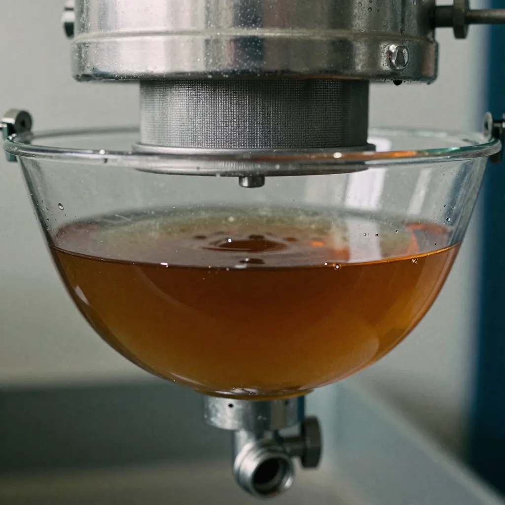 A clear water-separator bowl showing a dark water layer beneath amber fuel.