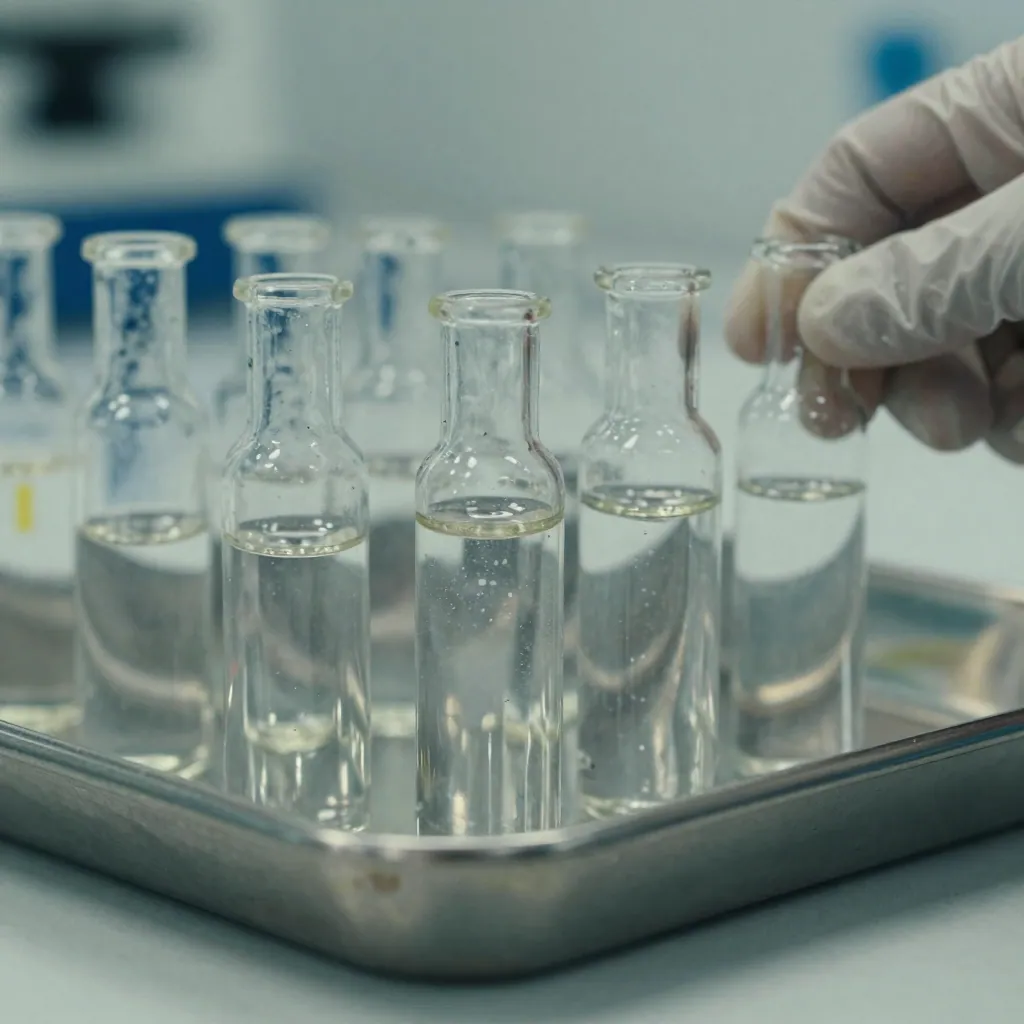 Small clear sample bottles of fuel on a steel tray, one slightly cloudy.