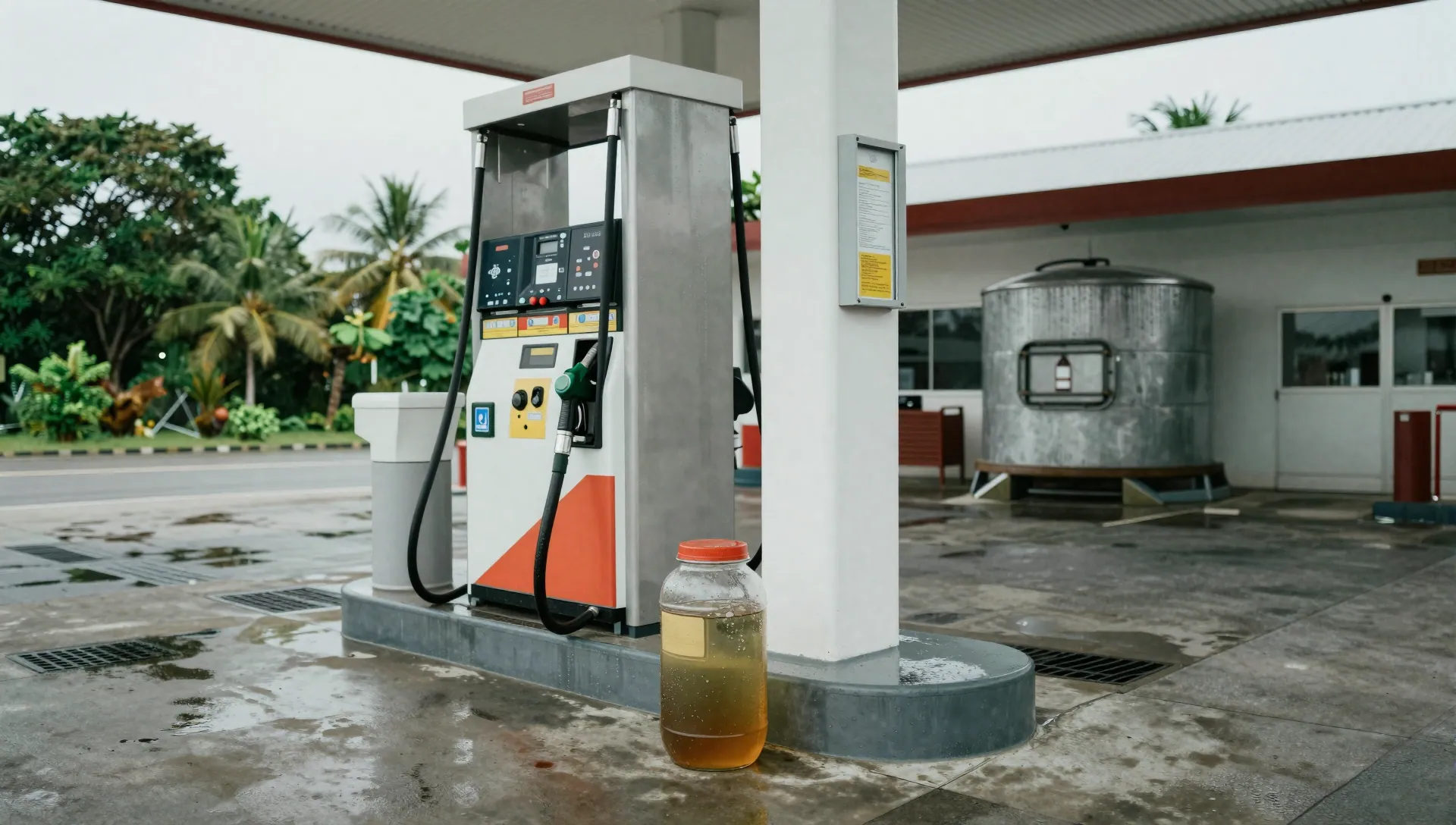 Fuel dispenser on a wet petrol station forecourt beside a glass jar of fuel with water settled at the bottom