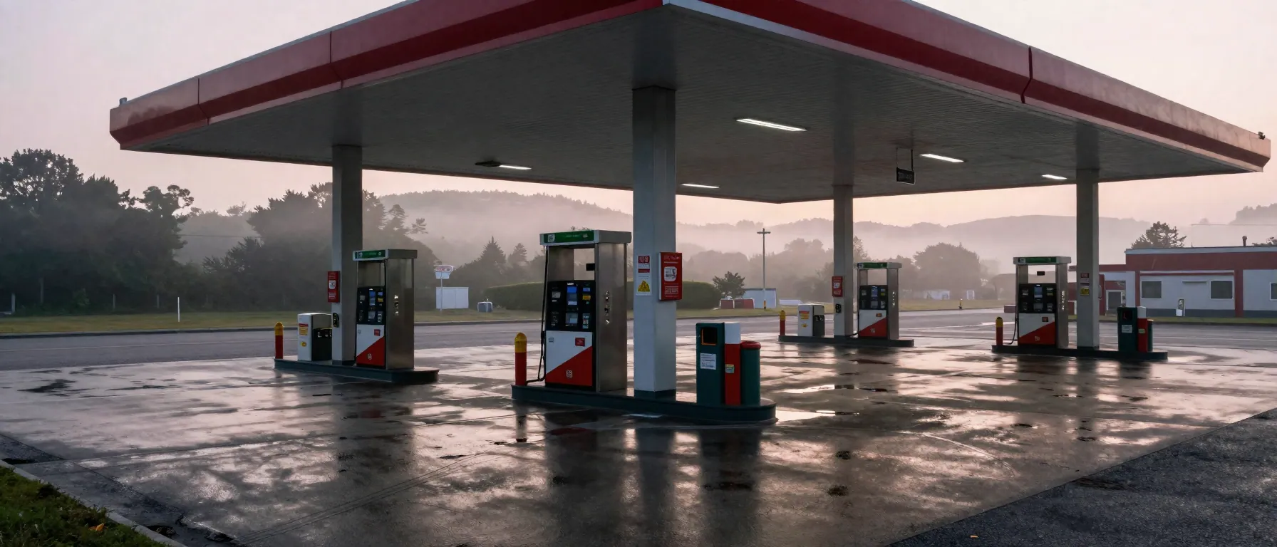 Wide dawn view of an empty petrol station forecourt with mist and distant hills.