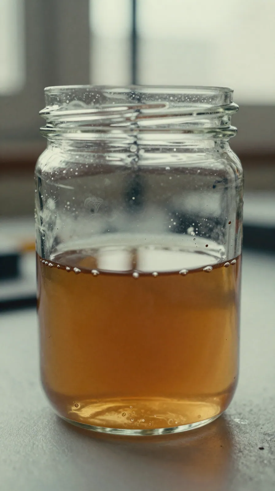 A glass jar of fuel showing a separated watery layer and cloudy film on the glass.