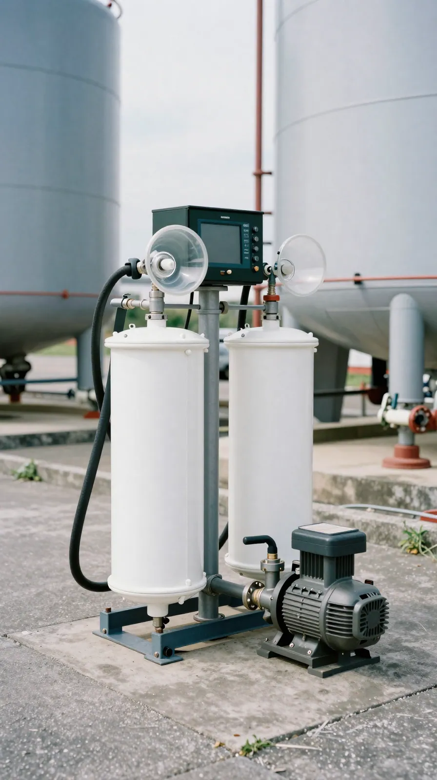 A skid-mounted fuel polishing unit with filter housings, hoses and a pump beside a tank.