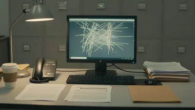 Dim municipal office at night: glowing monitor with abstract data, off-hook phone, papers and filing cabinets in shadow.