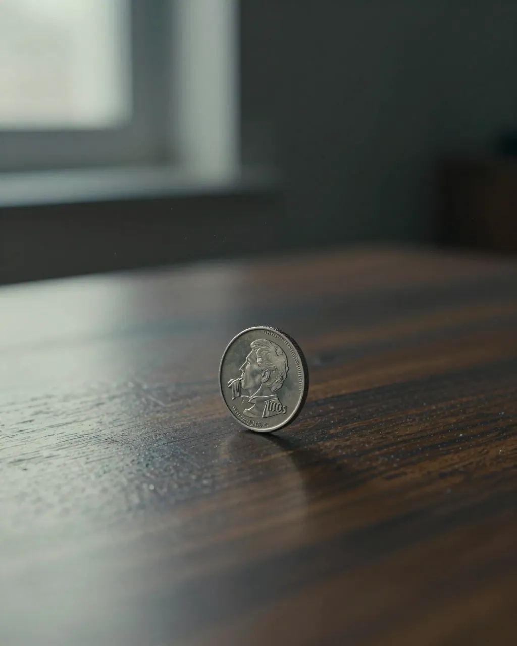 A single coin standing on a dark desk under cool window light, its shadow stretching long.