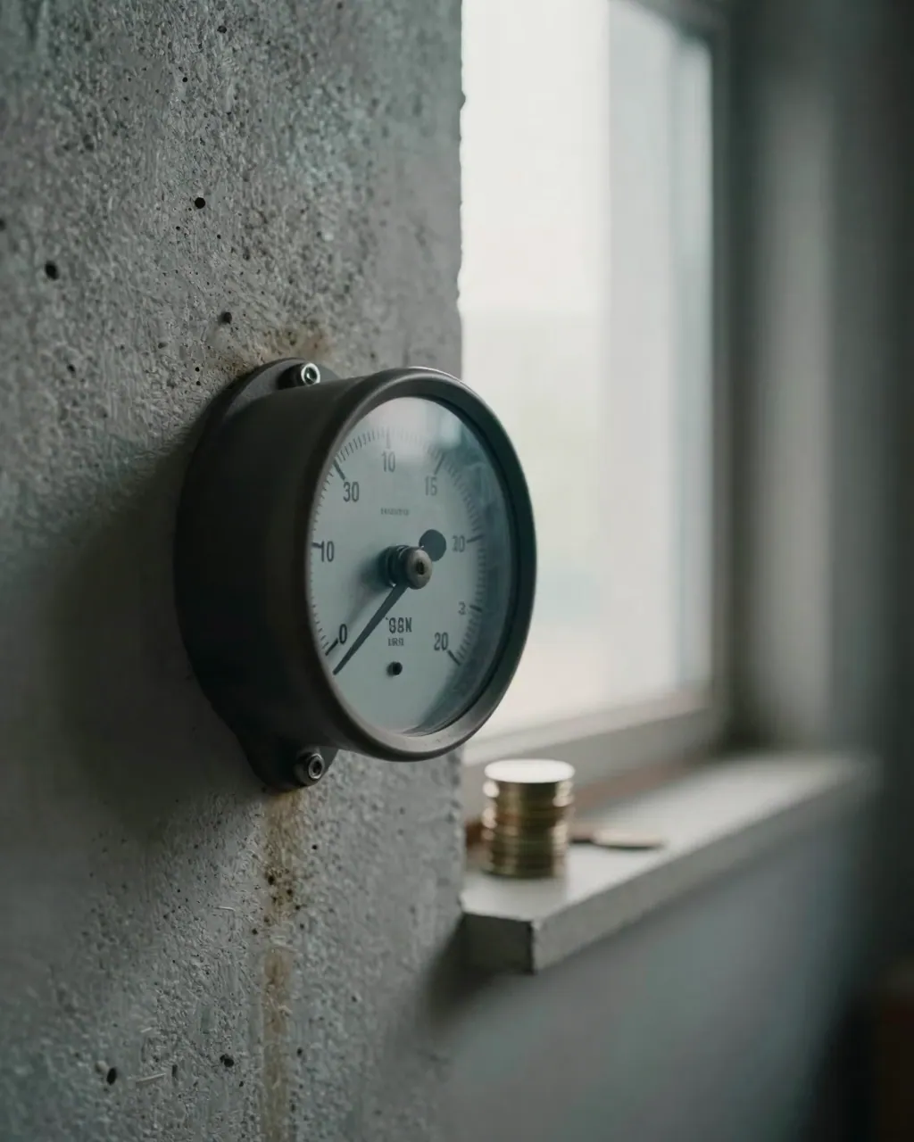 An analog gauge with its needle low, mounted on a concrete wall beside a small stack of coins.