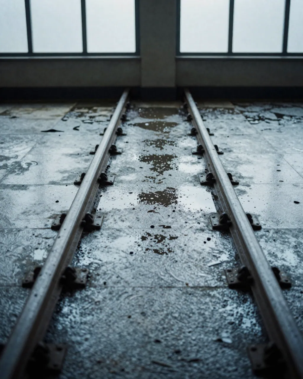 Two parallel metal rails on a wet floor, one bending sharply away at a joint.