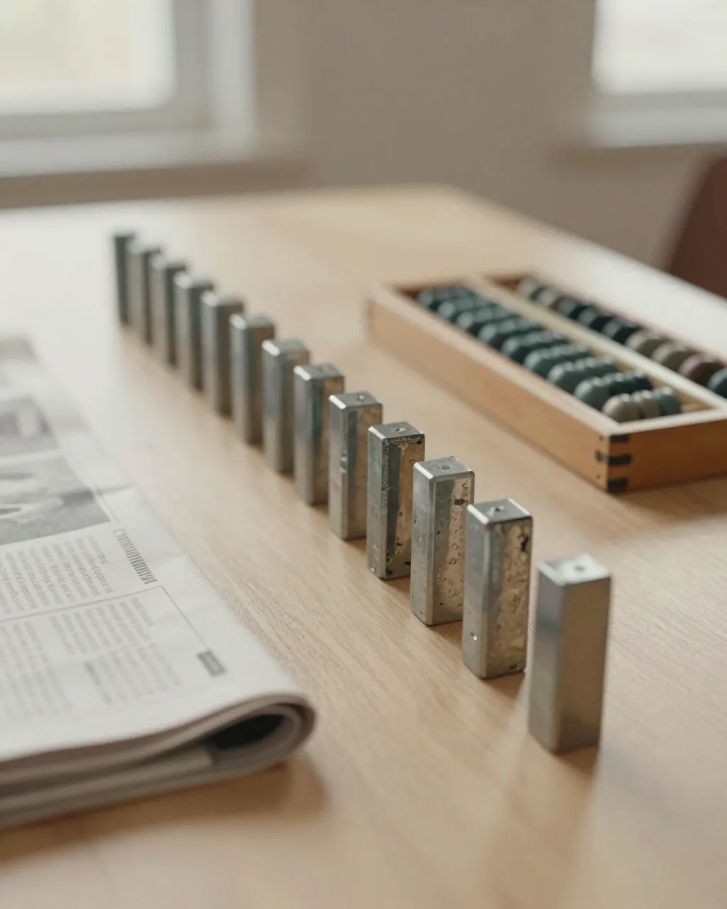 A chain of small metal blocks on a table beside a folded newspaper and a wooden abacus.