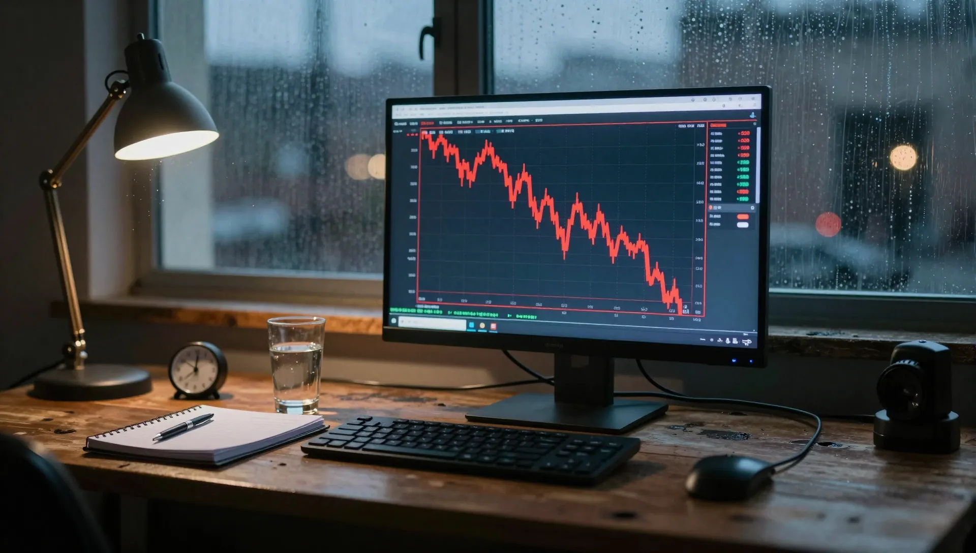 A dim trading desk at dusk with a monitor showing a steeply falling candlestick chart, notebook and clock beside it.