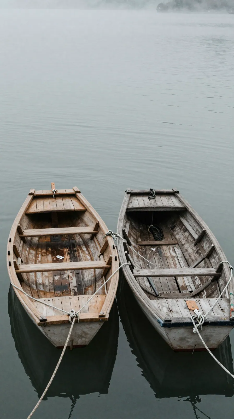 Two wooden boats moored on calm grey water, one drifting apart from the other.