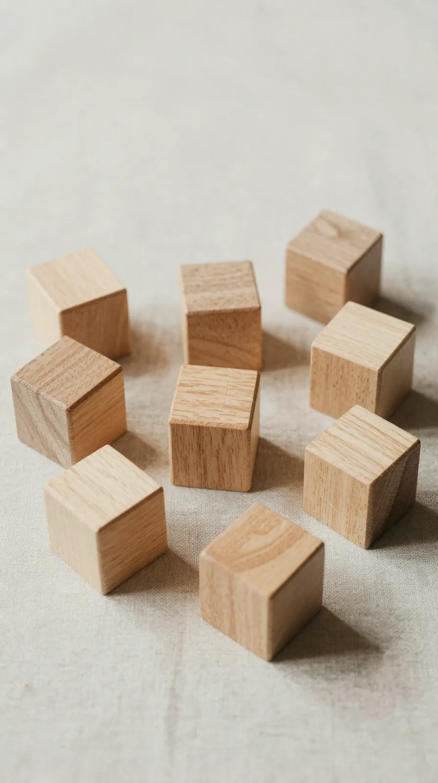 Eight small wooden blocks arranged in a loose cluster on a linen cloth.