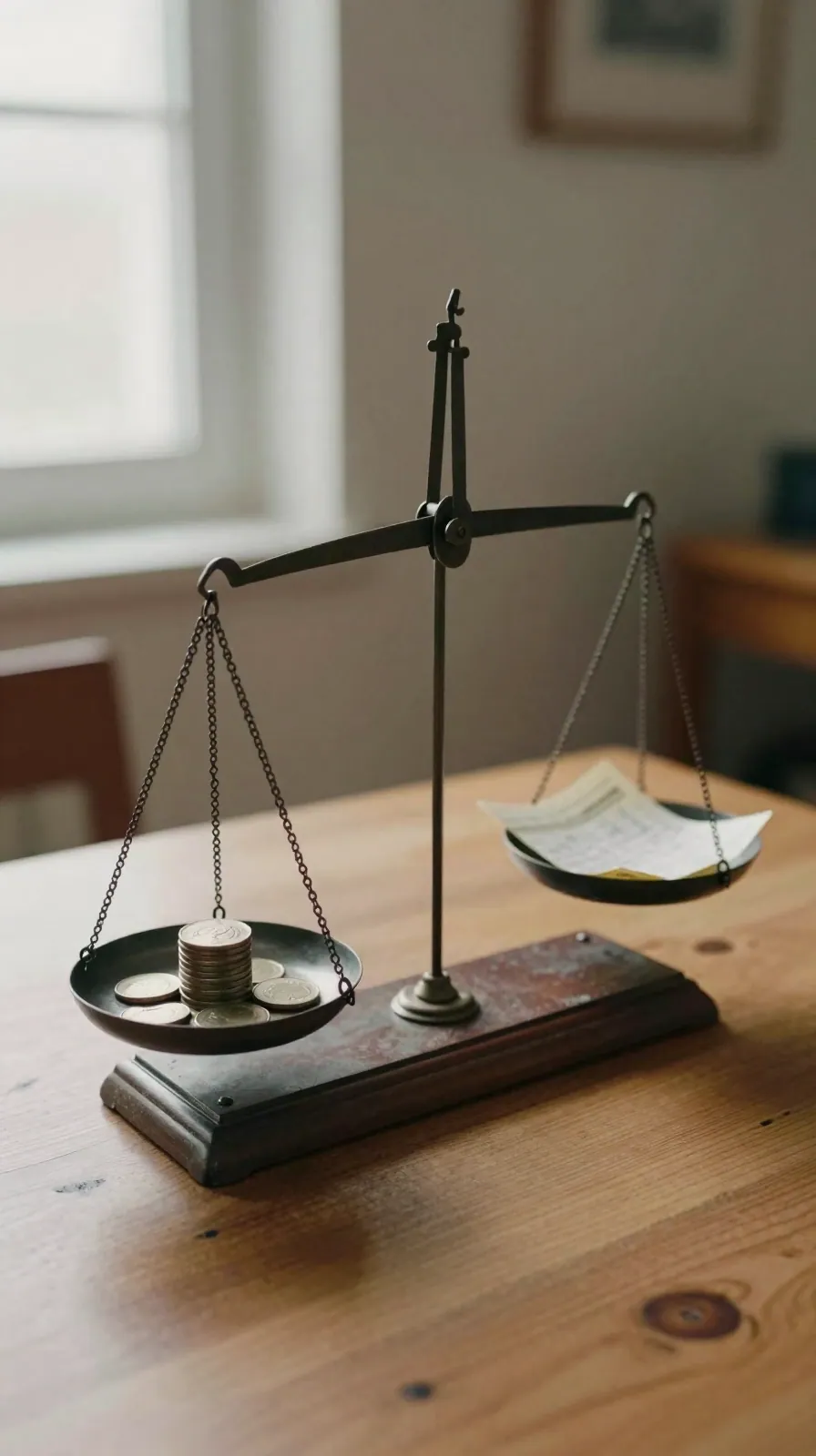 A mechanical balance scale on a wooden table, one pan of coins, one of folded paper.