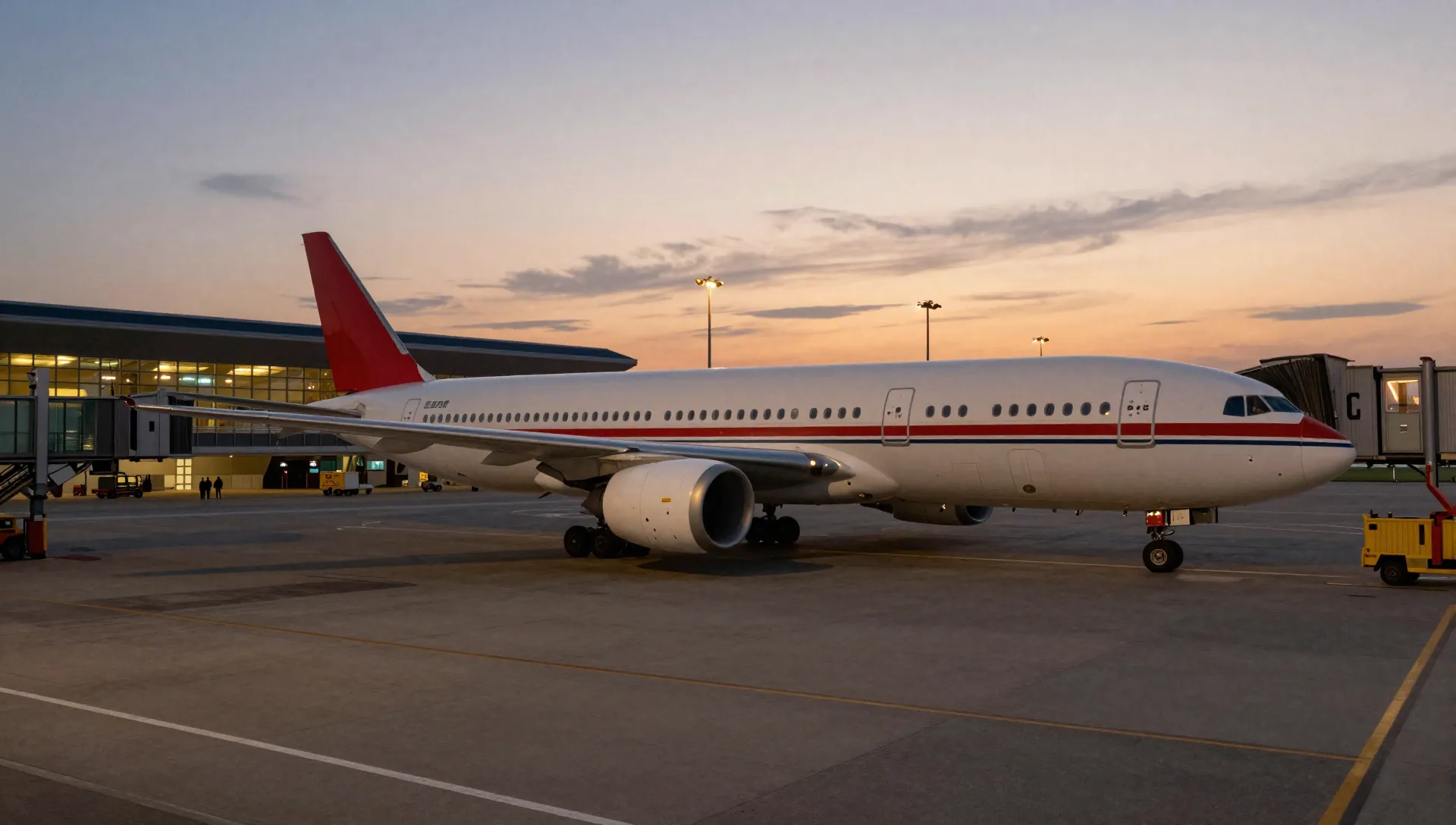 Wide dusk view of a long-haul jet parked at an airport gate with terminal lights behind it