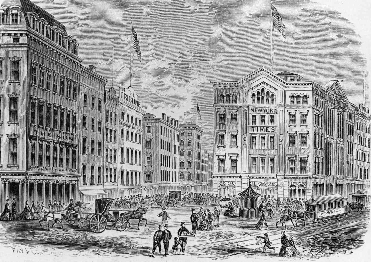 Newspaper Row New York, The Sun on the left, New York Times in the front