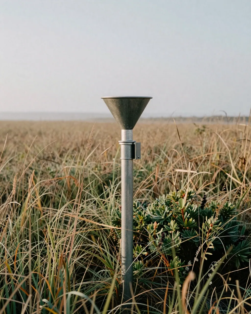 Weathered metal rain gauge on a post in flat coastal grassland under a hazy sky.