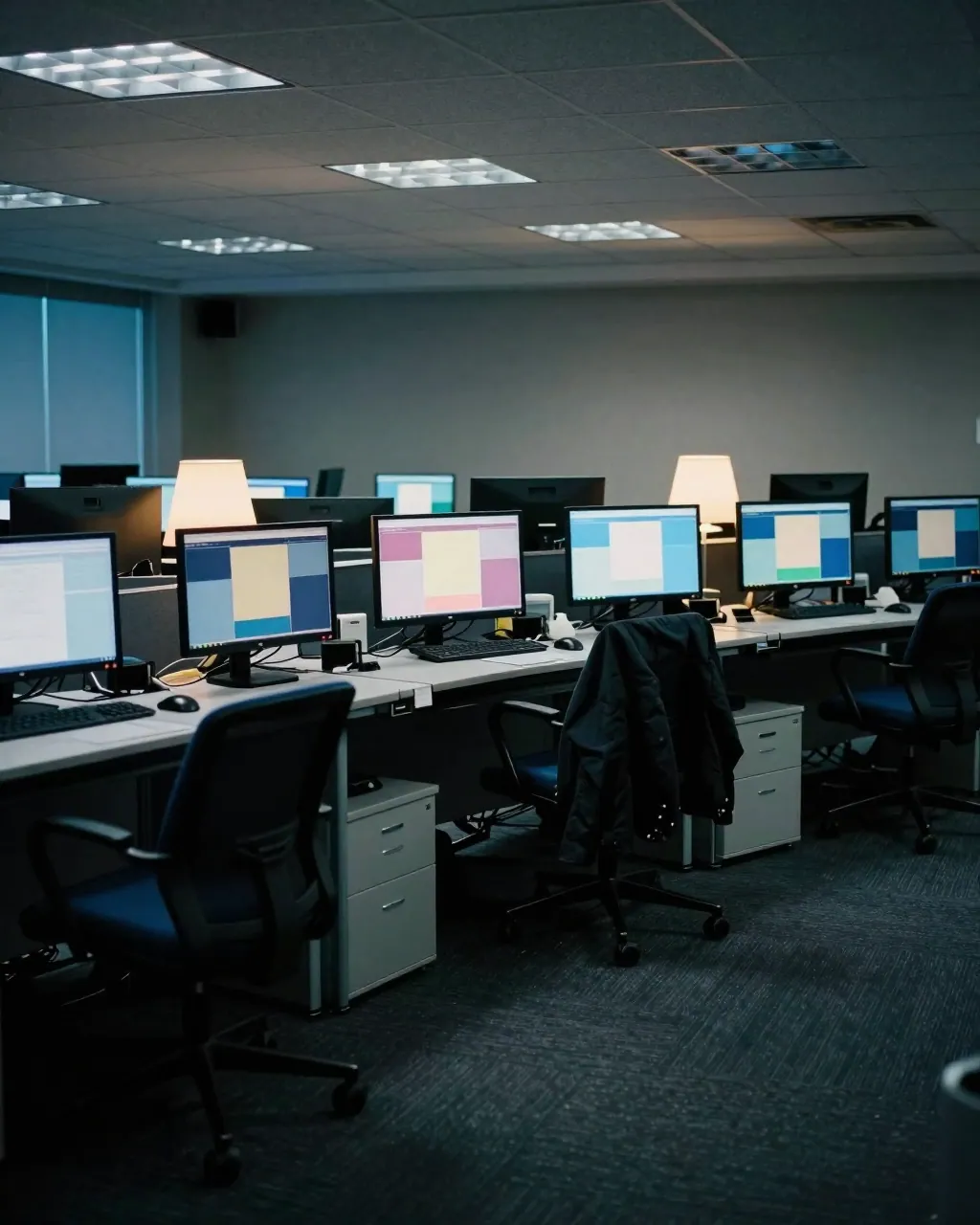 Quiet trading office with glowing monitors showing blurred abstract charts and empty chairs.
