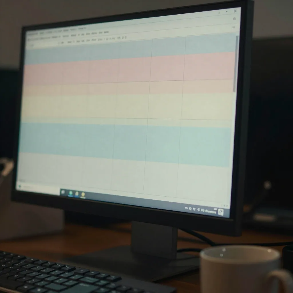 Close-up of a monitor showing soft abstract color bands on a dim desk.