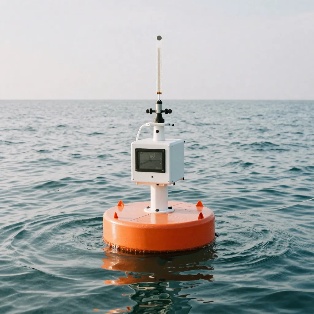 Close view of a small buoy sensor and thermometer probe above rippling water.