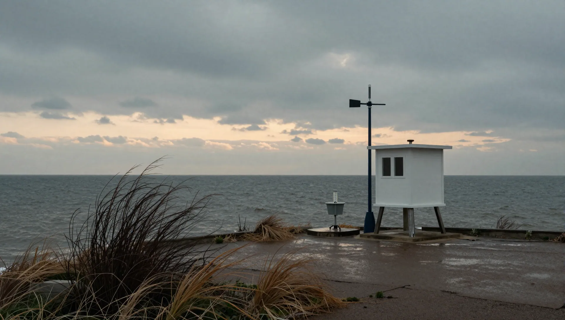 Coastal weather station with instrument shelter, anemometer and rain gauge on a bluff above a calm winter ocean at dusk.