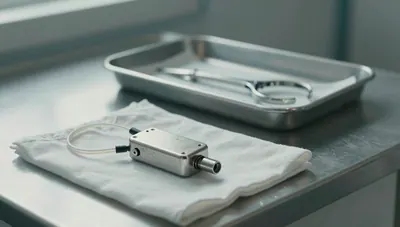Small titanium pacemaker generator and coiled lead on a white cloth on a clinical workbench, sterile tray blurred behind.