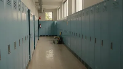 Empty school hallway with lockers, a lone chair and backpack, afternoon light on the floor