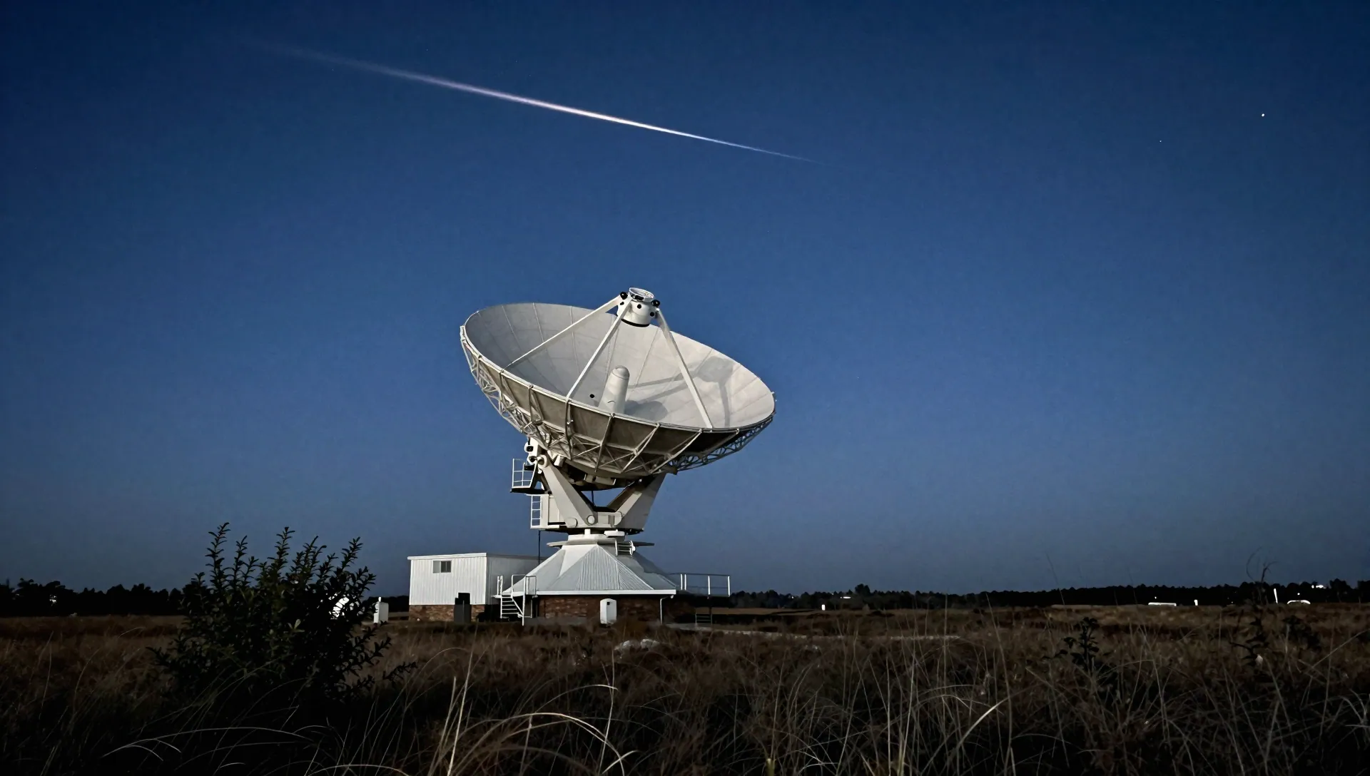 Wide night view of a radio dish under stars with a faint brief streak of light crossing the sky