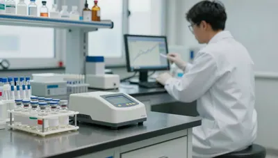 Wide laboratory bench with vaccine vials, pipettes and a phosphate assay reader, researcher reviewing data in the background.