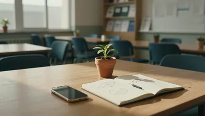 A quiet classroom table with a phone, notebook sketches, and a small seedling, lit by afternoon window light.