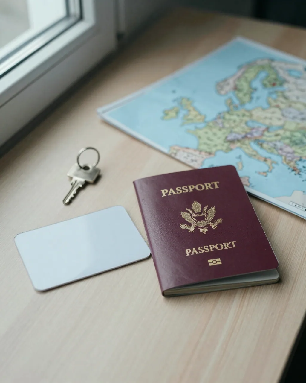 Plain residence card, small booklet, house key and folded map on a light wooden desk in soft daylight.