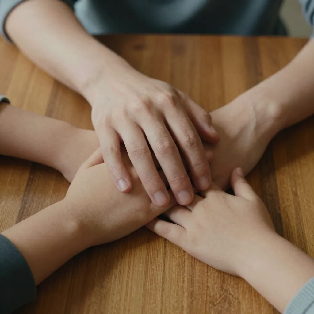 Close-up of adult and child hands resting together on a wooden table, a ring on one finger.