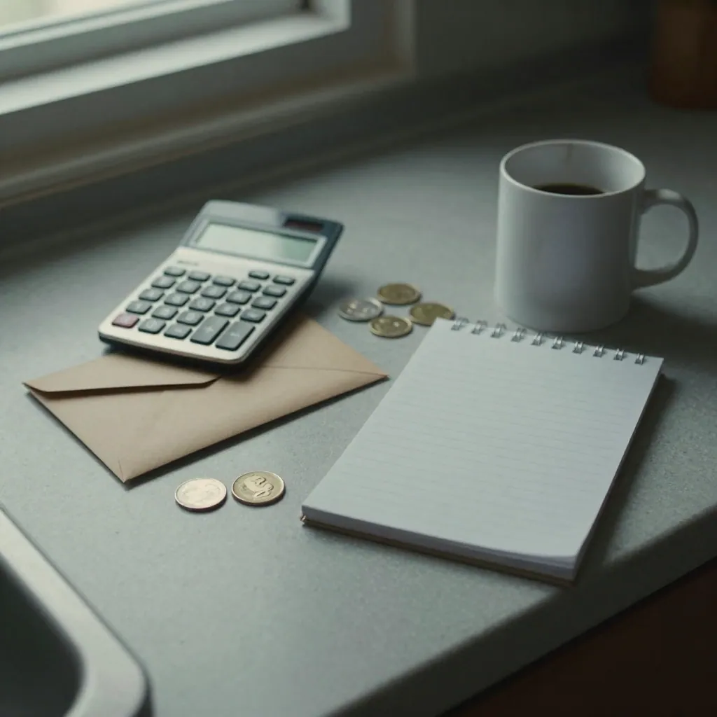 Close-up of an envelope, calculator, coins and a mug on a kitchen counter in cool daylight.