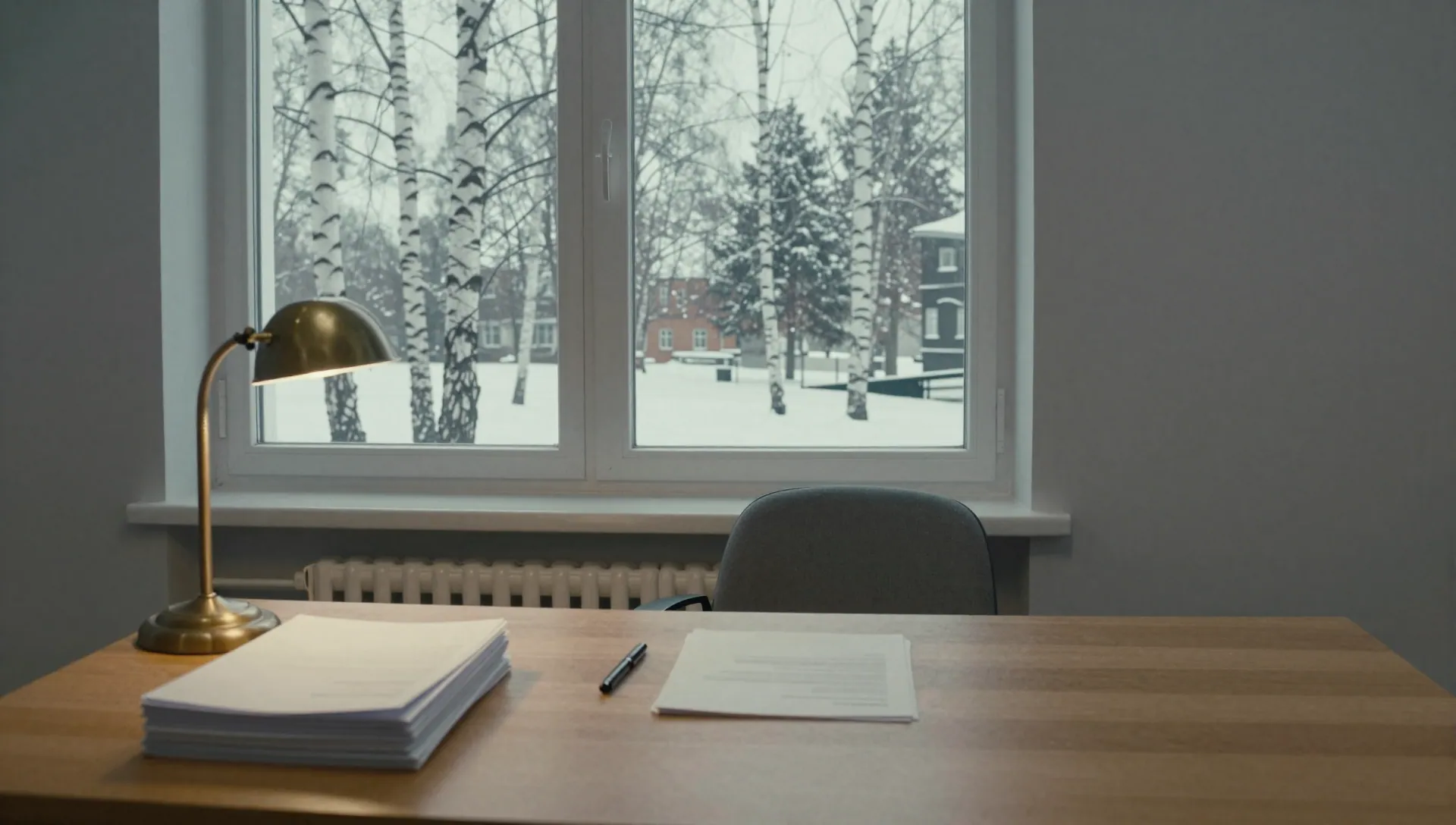 Quiet Swedish immigration office desk with folders and lamp, birch trees visible through a tall window
