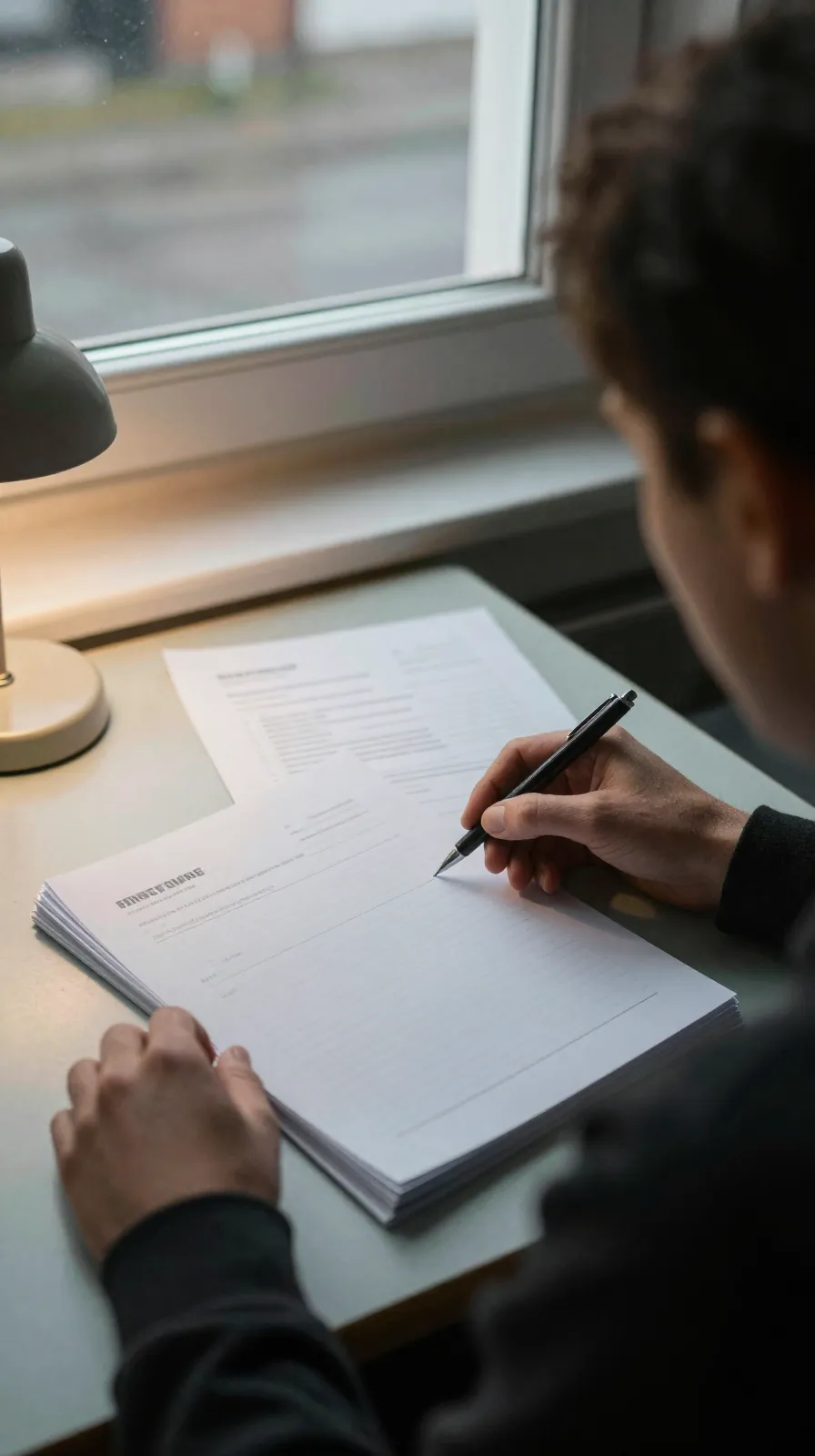 Person seen from behind at a kitchen table with blank forms and a pen under a small lamp.