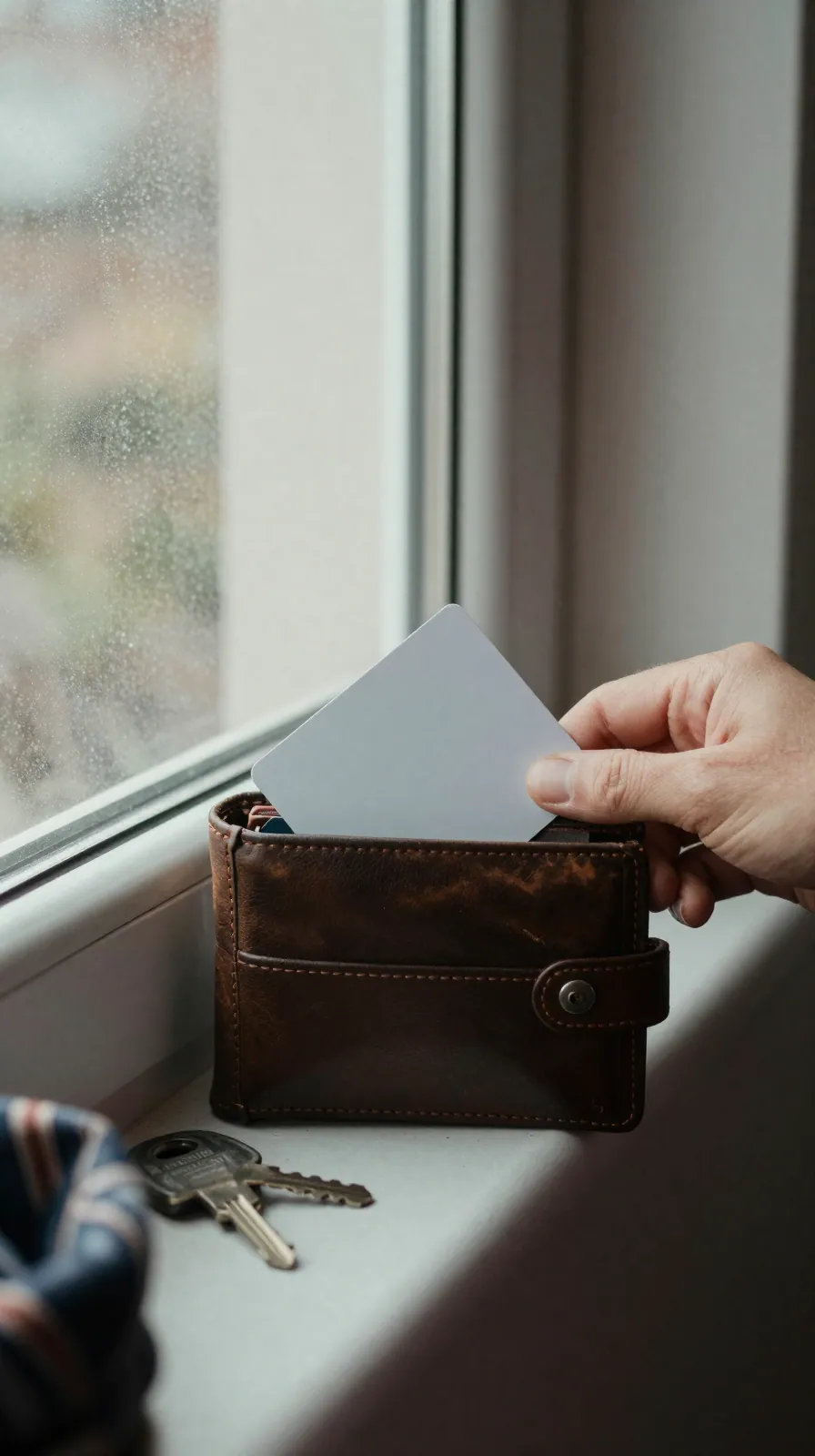 Hand slipping a blank plastic card into a worn wallet on a hallway shelf in morning light.