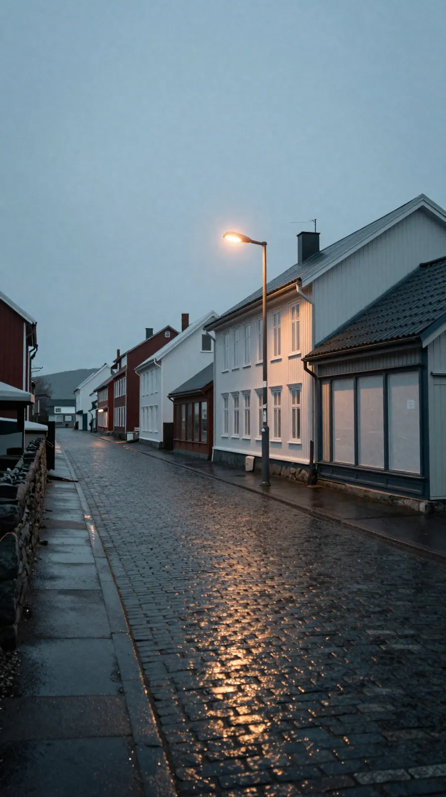 Empty wet cobblestone street at dusk under a single streetlamp, blank shopfronts, no people.