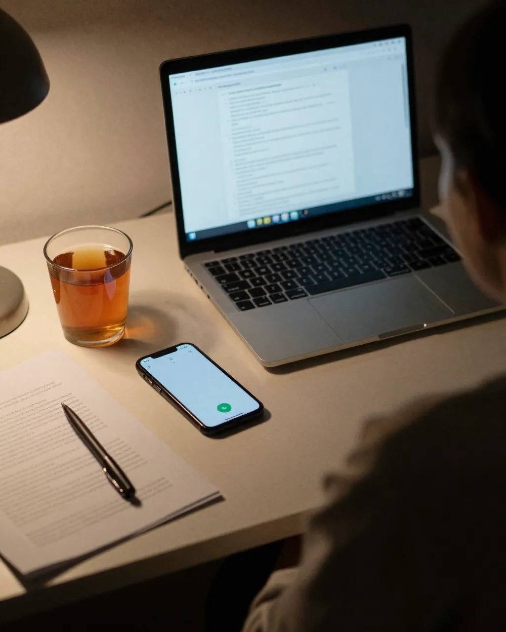 A dim desk at night with a glowing laptop and a phone showing an incoming call, suggesting a scam conversation.