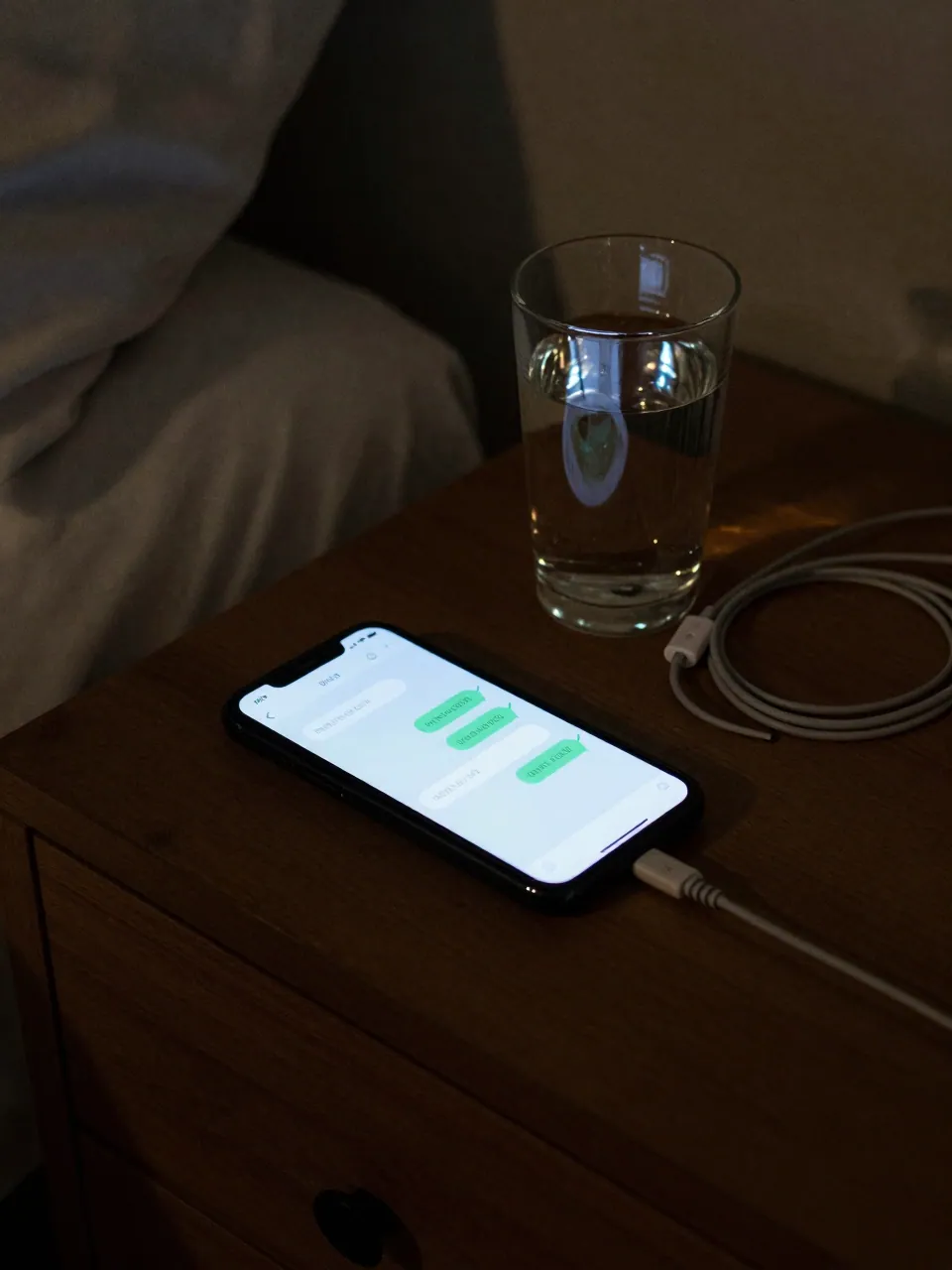 A phone on a nightstand crowded with unread message bubbles, lit harshly in a dark room.
