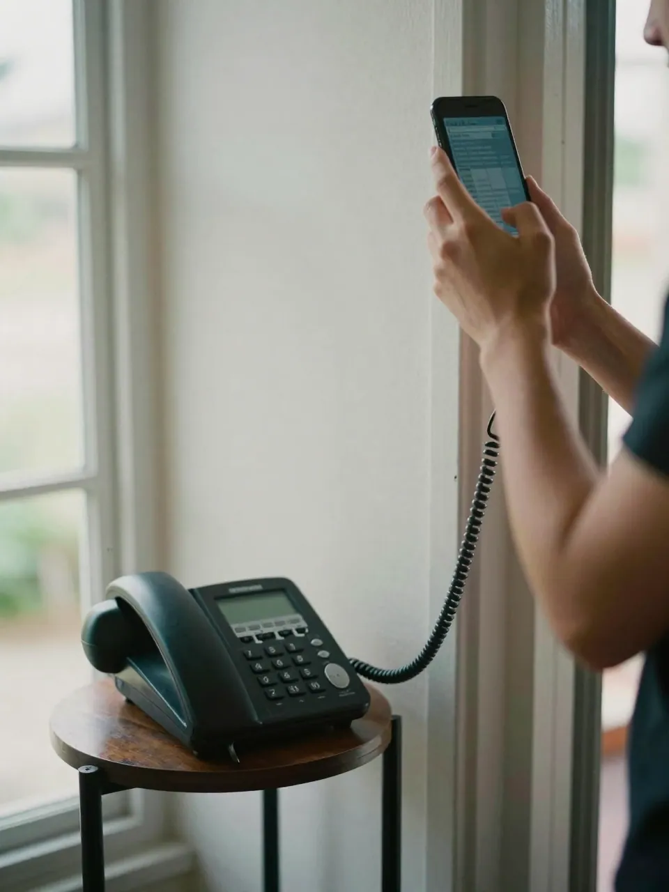 A hand holds a phone by a sunlit doorway, a landline phone on a table nearby.