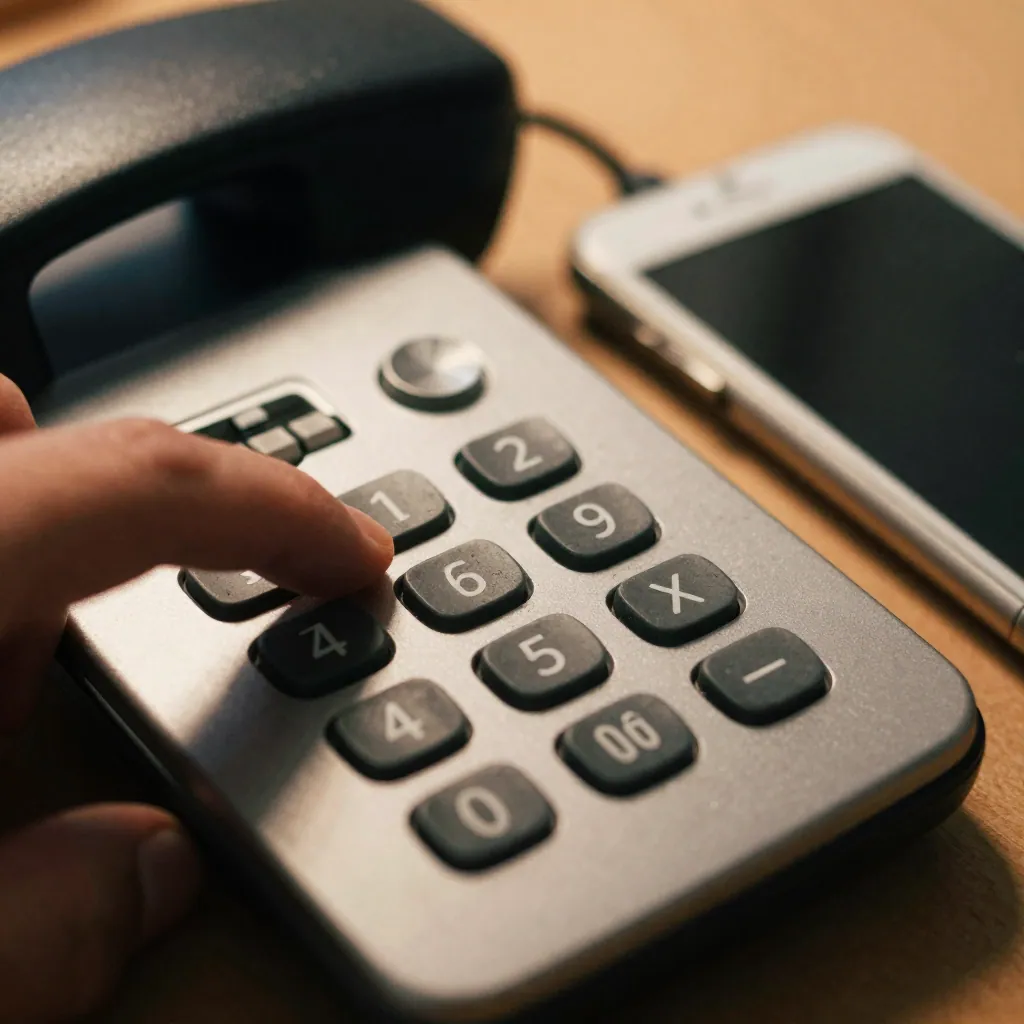 Close-up of a desk phone keypad beside a smartphone, a hand hovering over the keys.