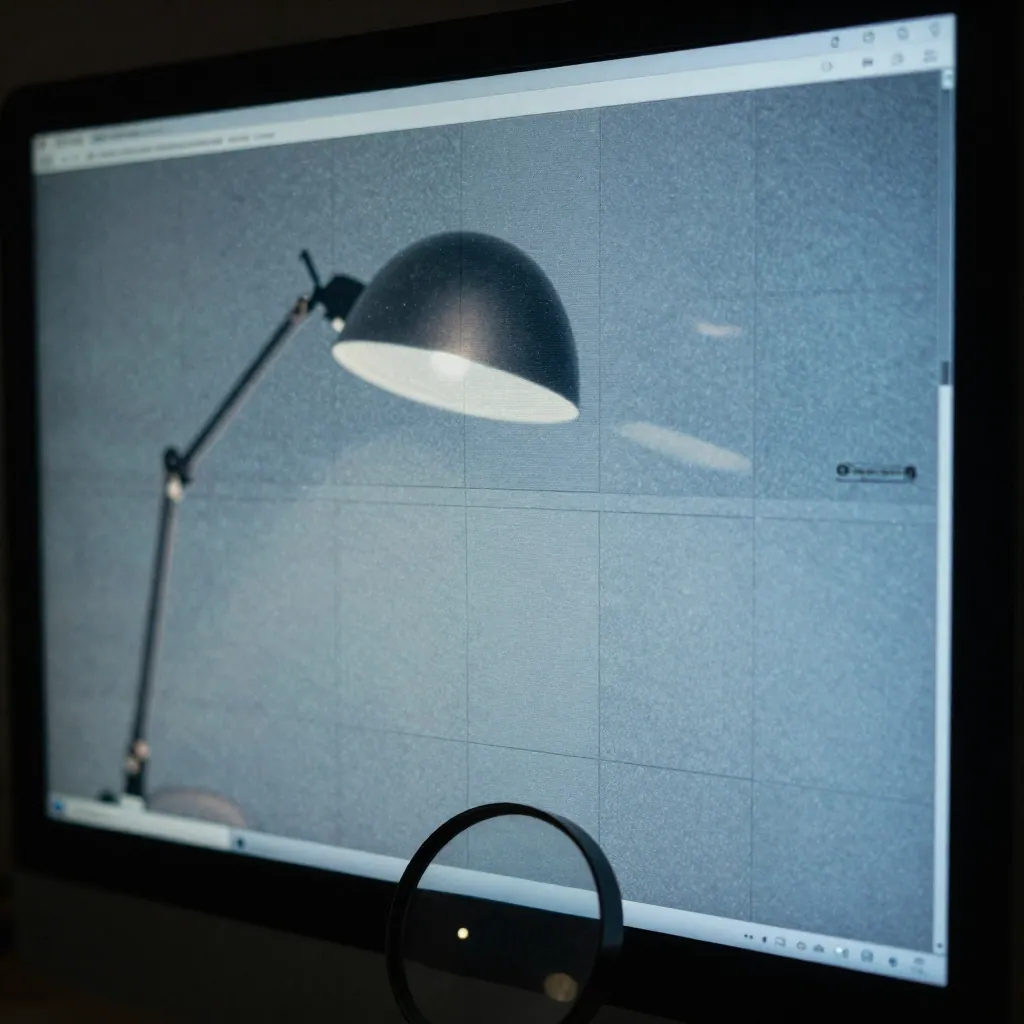 Macro view of a monitor showing blurred image tiles, a magnifying glass at the edge.