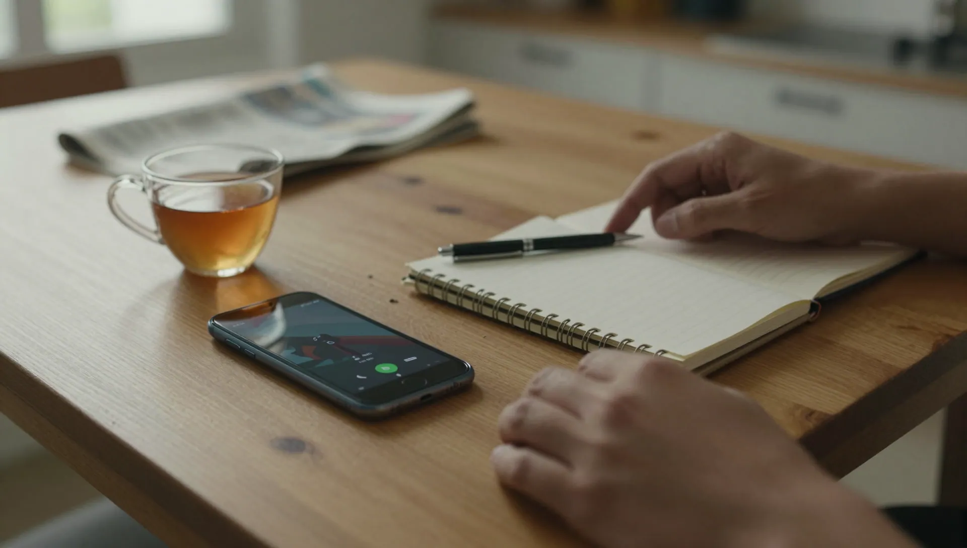 A phone ringing on a kitchen table beside a mug and notebook, a hand hesitating nearby in warm afternoon light.