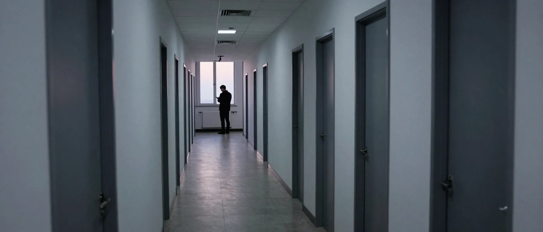 A long dim corridor at dusk with a distant figure holding a glowing phone.