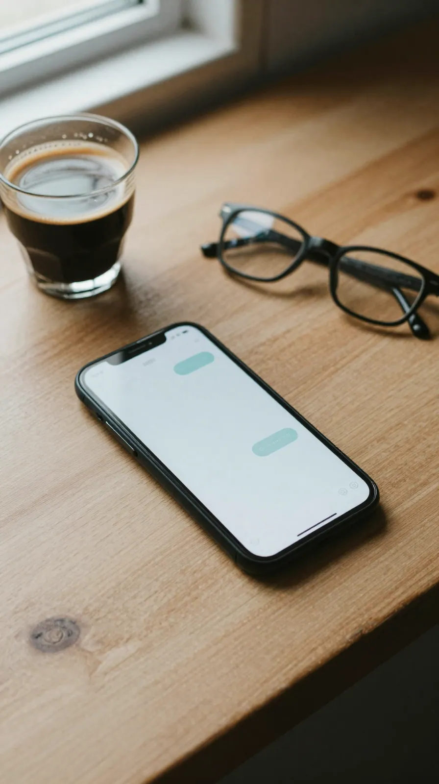 A phone with a blank chat screen on a sunlit kitchen table beside coffee and glasses.