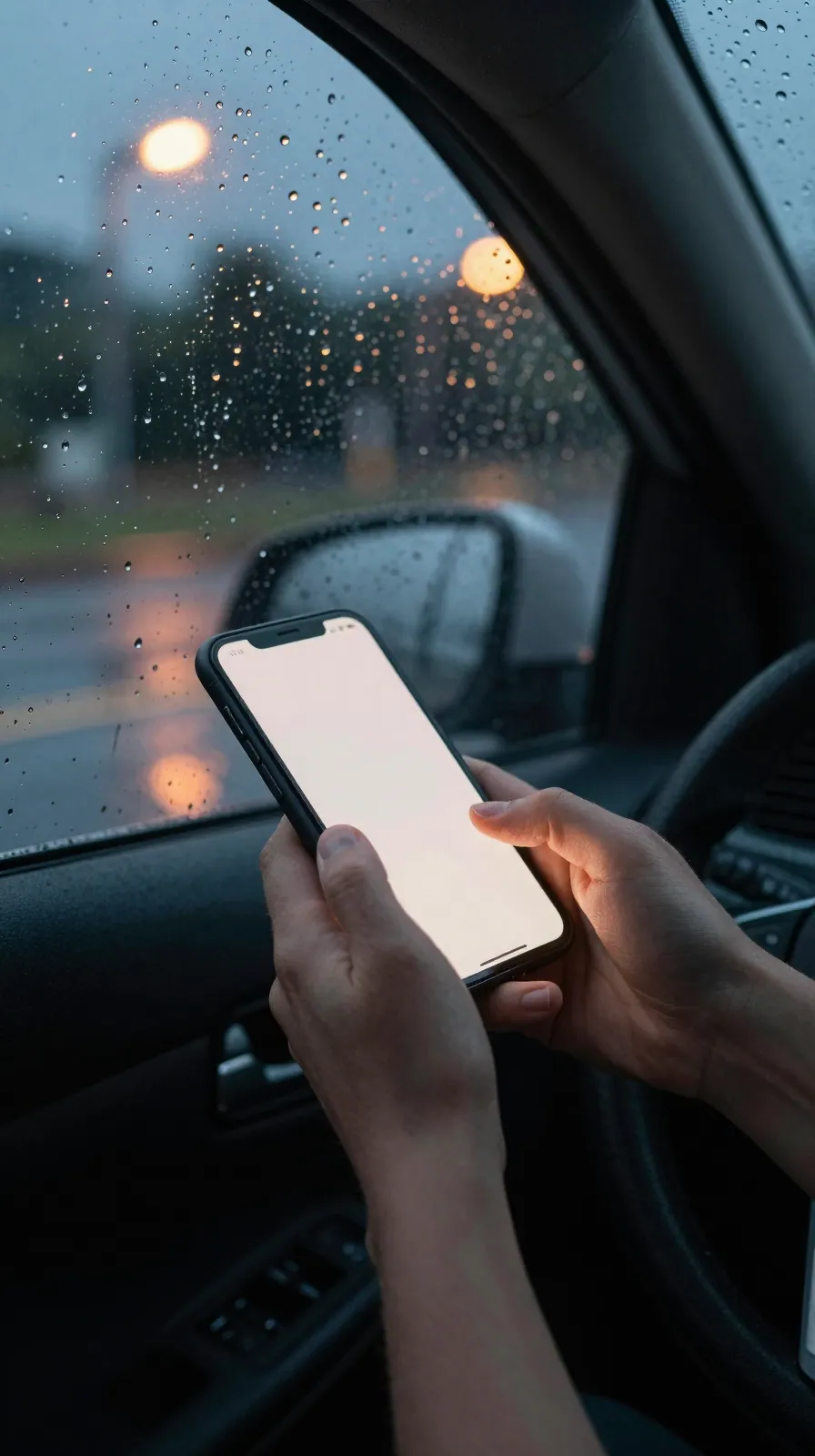 A hand holds a glowing phone in a parked car at dusk, rain on the window behind.