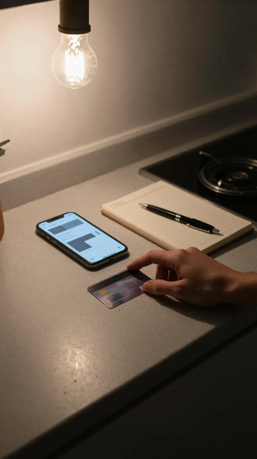 A phone showing a blank payment form beside a bank card and notebook under a single bulb.