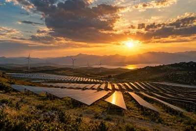 Generated cinematic image: A landscape with wind turbines, solar panels and an efficient home.