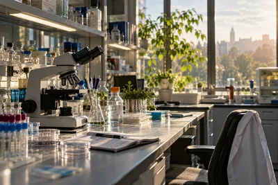 Generated cinematic image: A biomedical laboratory with sample vessels and a microscope.
