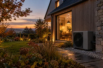 Generated cinematic image: A contemporary home with an installed heat pump at twilight.