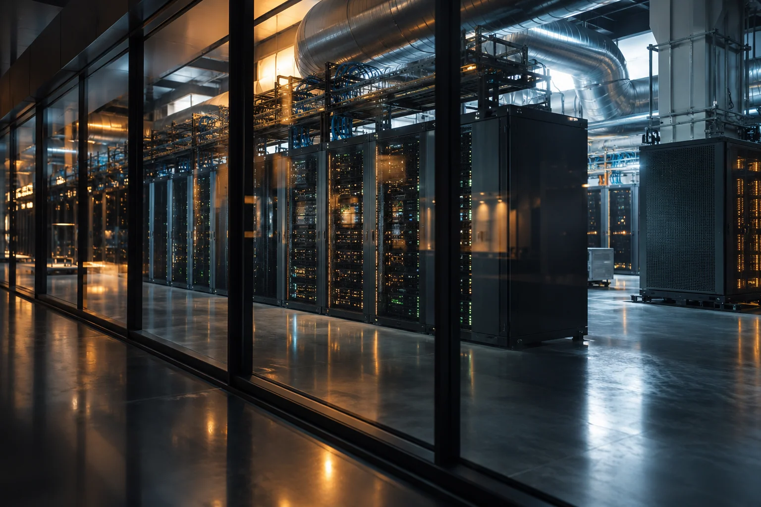 Generated cinematic image: A data centre with server racks and substantial cooling equipment.