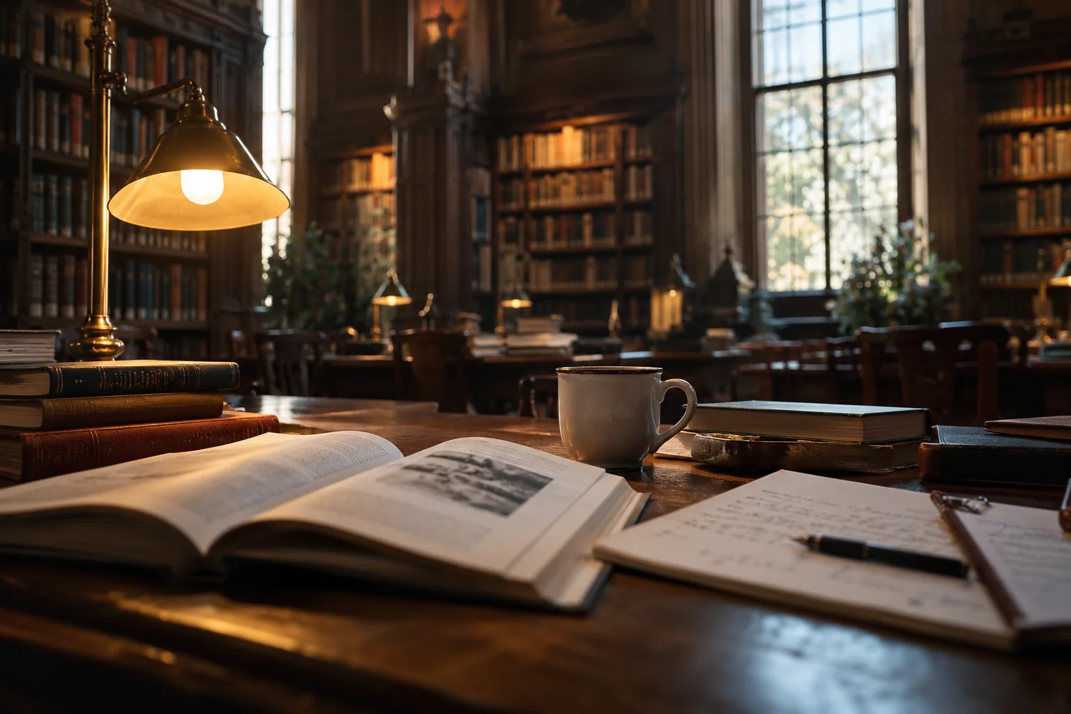 Generated cinematic image: An open book and learning objects in a warm study.