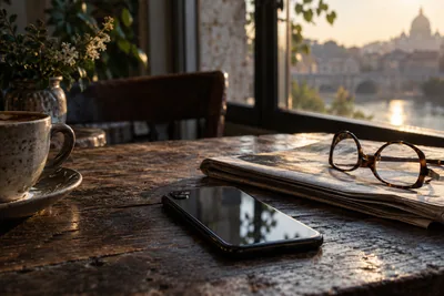 Generated cinematic image: A smartphone beside a newspaper and reading glasses.